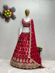 Wedding Wear Embroidered Sequence Work Red Lehenga Choli