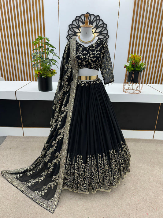 Captivating Black Color Heavy Embroidery Sequence Work Lehengha Choli