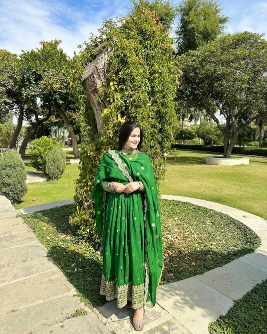 Captivating Embroidery Sequence Work Green Color Gown