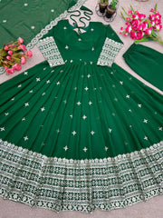 Captivating Embroidery Sequence Work Green Color Gown