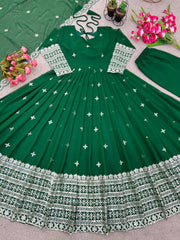 Captivating Embroidery Sequence Work Green Color Gown