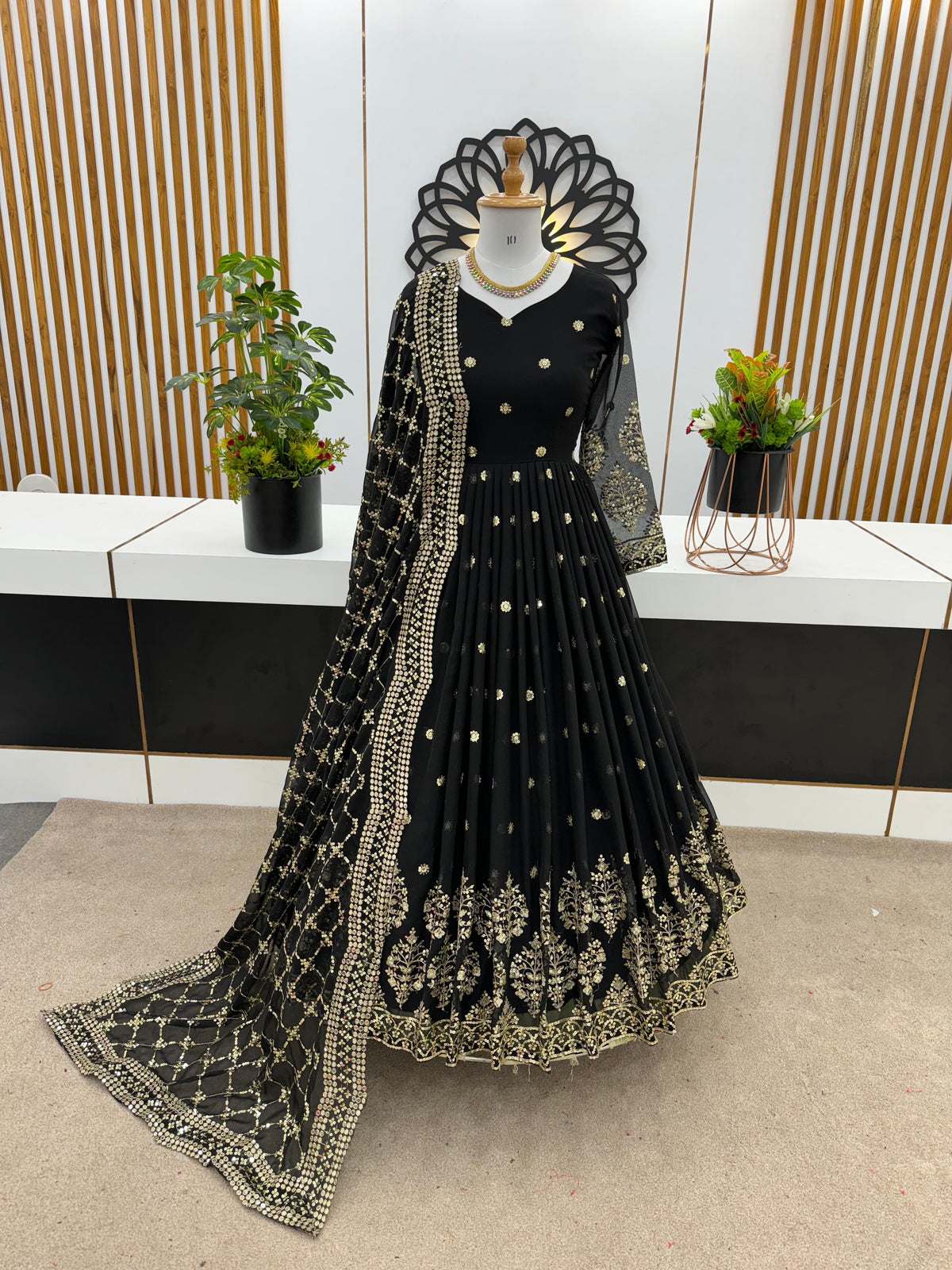 Mesmerizing Embroidery Sequence Work Black Color Long Gown