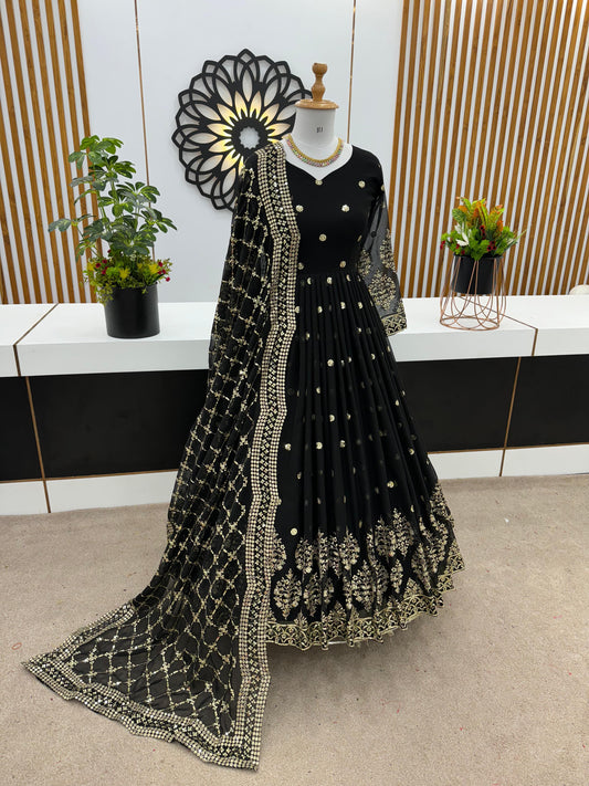 Mesmerizing Embroidery Sequence Work Black Color Long Gown