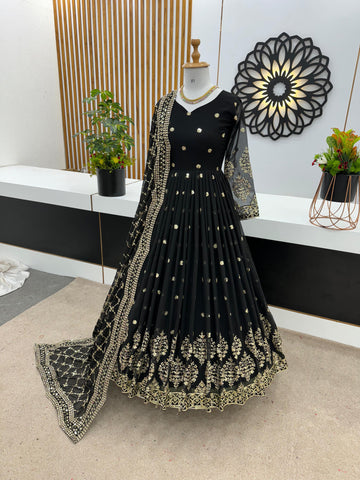 Mesmerizing Embroidery Sequence Work Black Color Long Gown