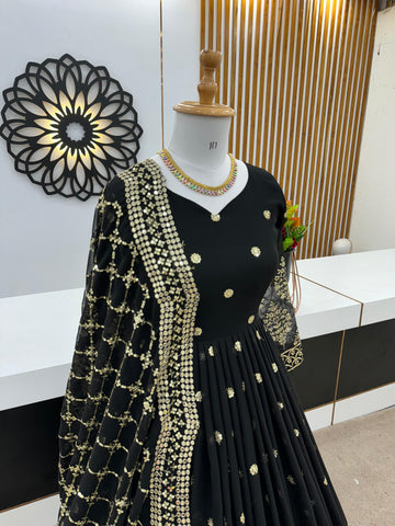 Mesmerizing Embroidery Sequence Work Black Color Long Gown