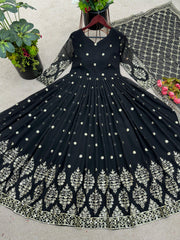 Mesmerizing Embroidery Sequence Work Black Color Long Gown