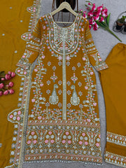 Demanding Embroidery Sequence Work Yellow Color Anarkali Suit