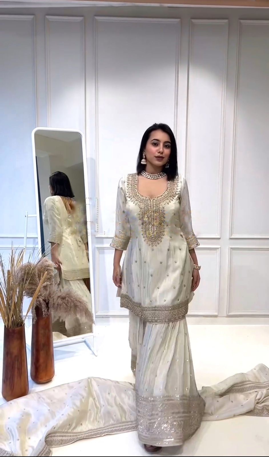 Elegant Embroidery Sequence Work White Color Sharara Suit