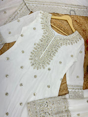 Elegant Embroidery Sequence Work White Color Sharara Suit