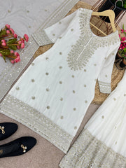 Elegant Embroidery Sequence Work White Color Sharara Suit