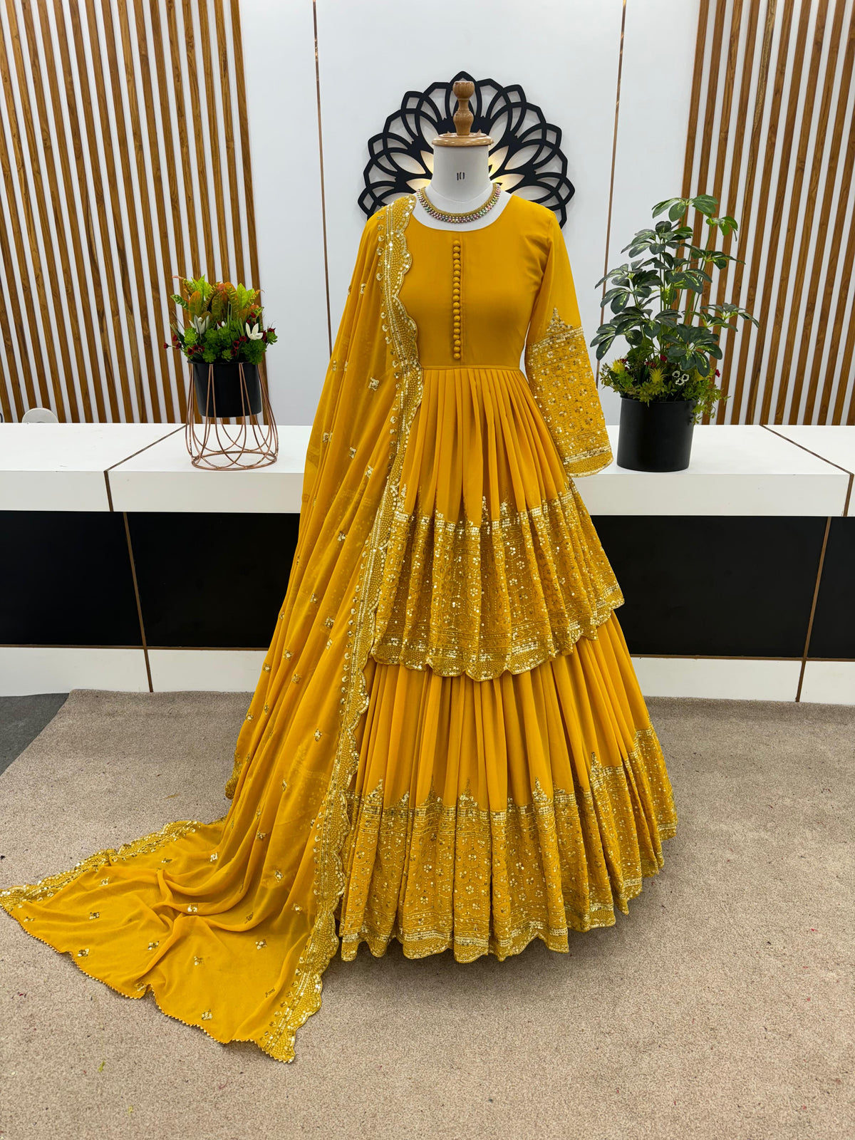 Mesmerizing Embroidery Sequence Work Yellow Color Top With Lehenga