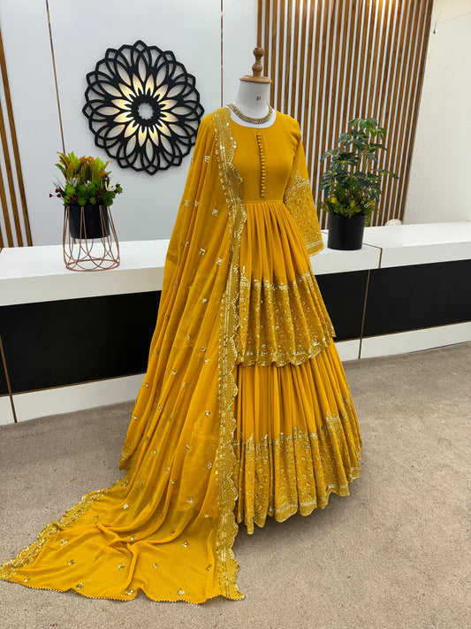 Mesmerizing Embroidery Sequence Work Yellow Color Top With Lehenga