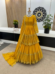 Mesmerizing Embroidery Sequence Work Yellow Color Top With Lehenga