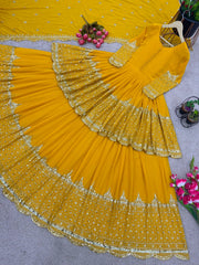 Mesmerizing Embroidery Sequence Work Yellow Color Top With Lehenga