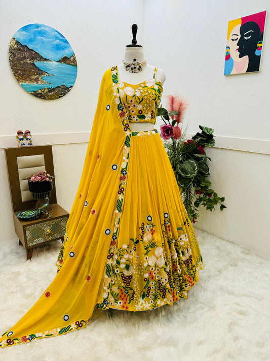 Designer Embroidery Work Yellow Color Lehenga Choli