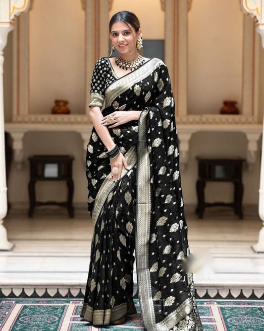 Embellished Black Color Jacquard Border Silk Saree