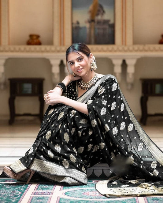 Embellished Black Color Jacquard Border Silk Saree