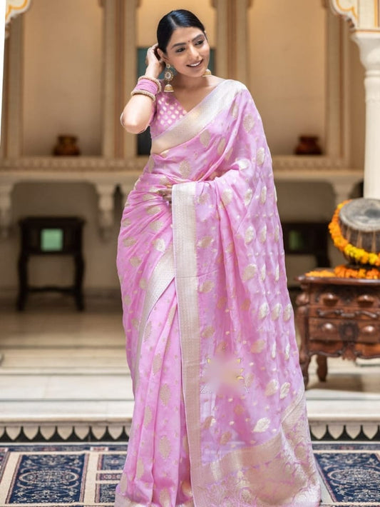 Embellished Baby Pink Color Jacquard Border Silk Saree