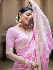 Embellished Baby Pink Color Jacquard Border Silk Saree