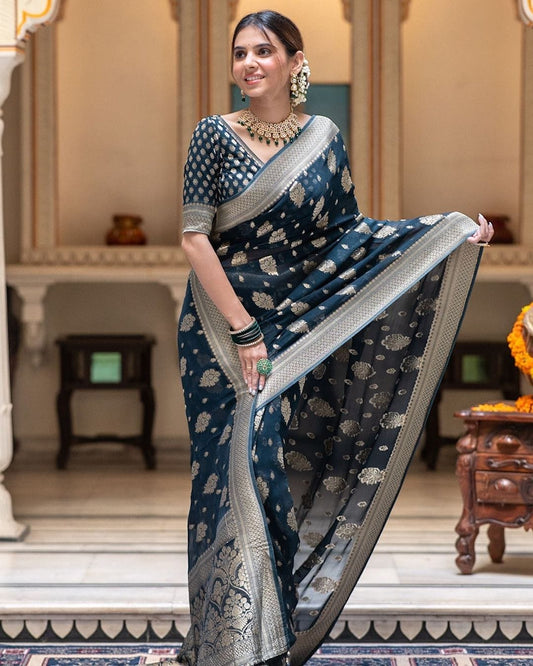 Embellished Rama Color Jacquard Border Silk Saree