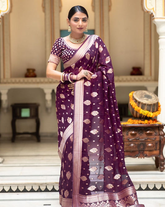 Embellished Wine Color Jacquard Border Silk Saree