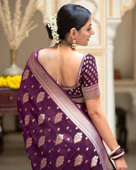 Embellished Wine Color Jacquard Border Silk Saree