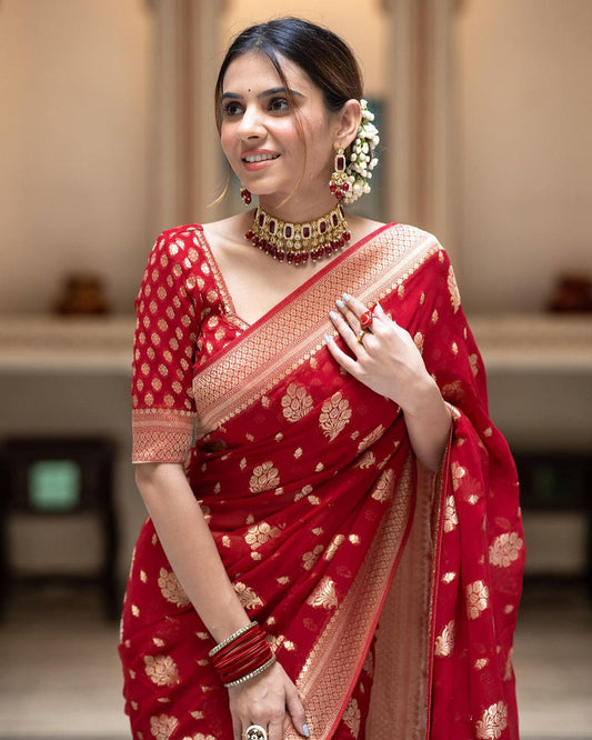 Embellished Red Color Jacquard Border Silk Saree