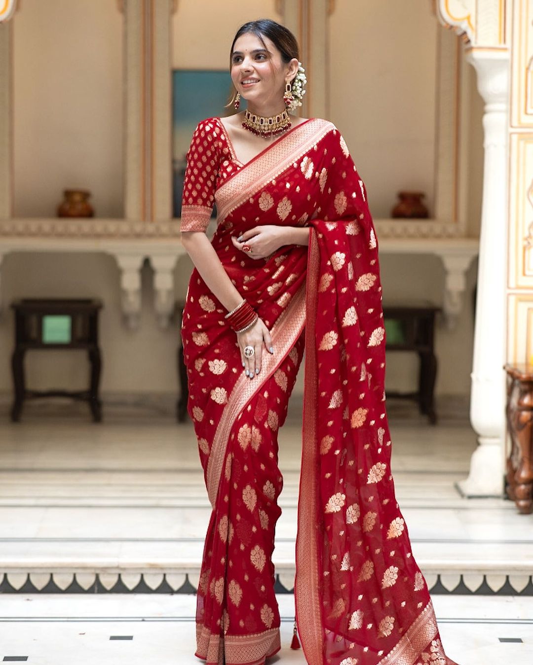 Embellished Red Color Jacquard Border Silk Saree