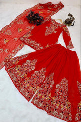 Designer Embroidery Sequence Red Color Sharara Suit