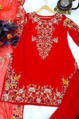 Designer Embroidery Sequence Red Color Sharara Suit