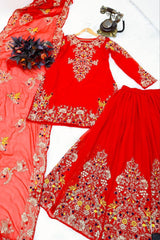 Designer Embroidery Sequence Red Color Sharara Suit