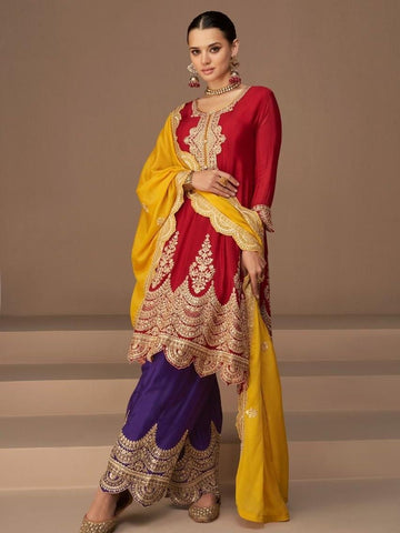 Designer Embroidery Sequences Work Red Color Anarkali Suit