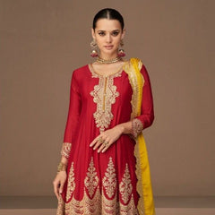 Designer Embroidery Sequences Work Red Color Anarkali Suit