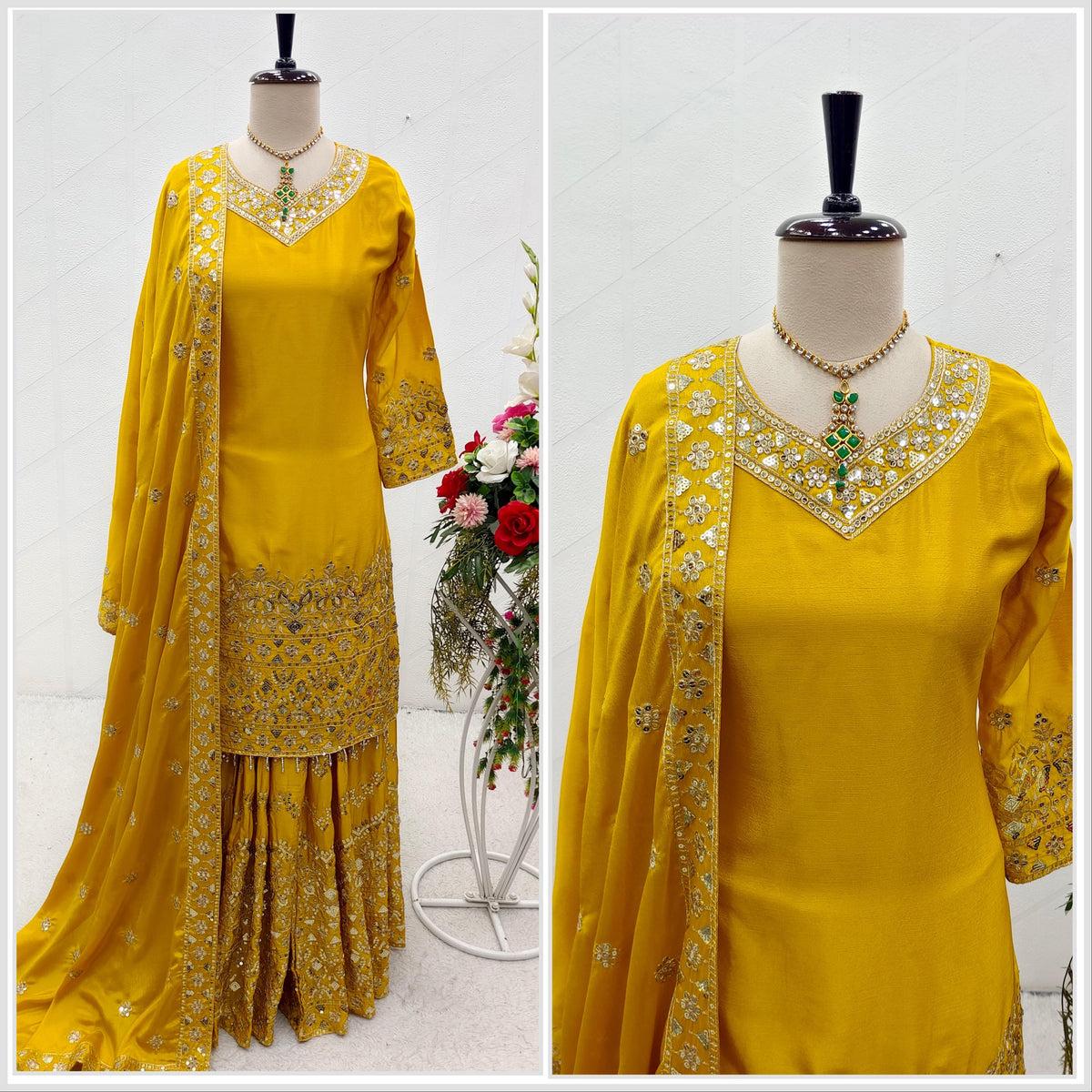 Marvelous Sequences Embroidery Work Yellow Color Sharara Suit