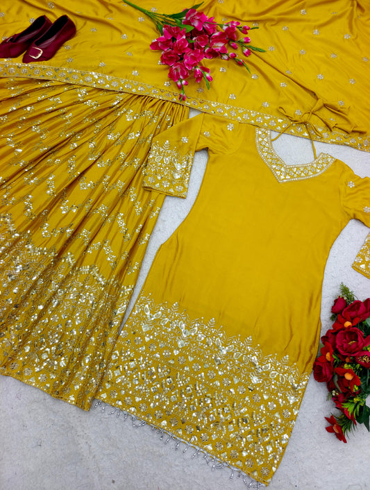 Marvelous Sequences Embroidery Work Yellow Color Sharara Suit