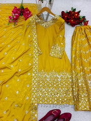 Marvelous Sequences Embroidery Work Yellow Color Sharara Suit