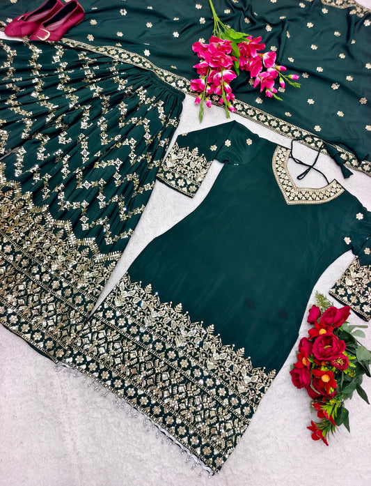 Marvelous  Sequences Embroidery Work Green Color Sharara Suit