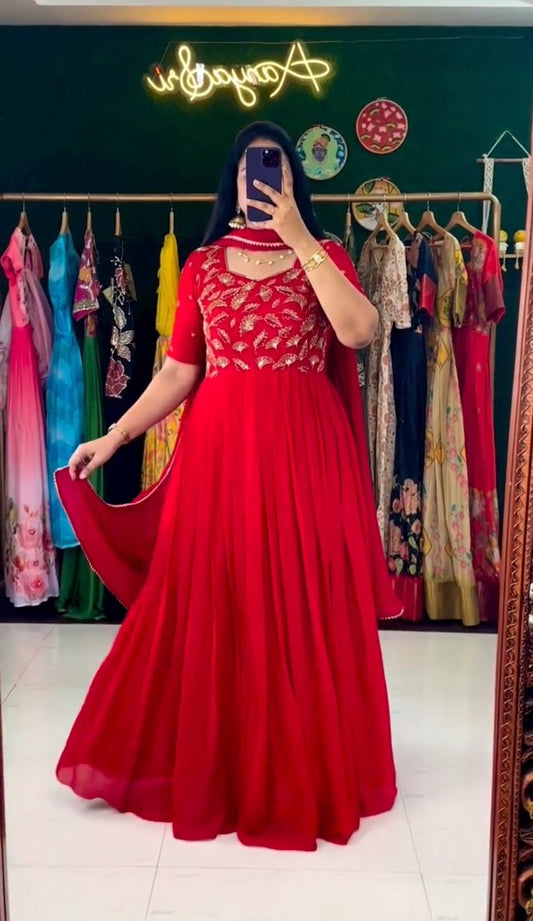 Fabulous Embroidered Work Red Color Long Gown