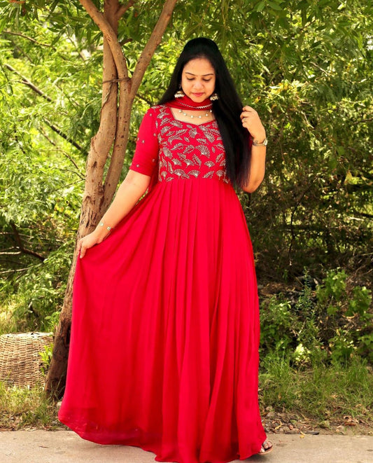 Fabulous Embroidered Work Red Color Long Gown