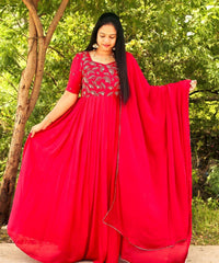 Fabulous Embroidered Work Red Color Long Gown