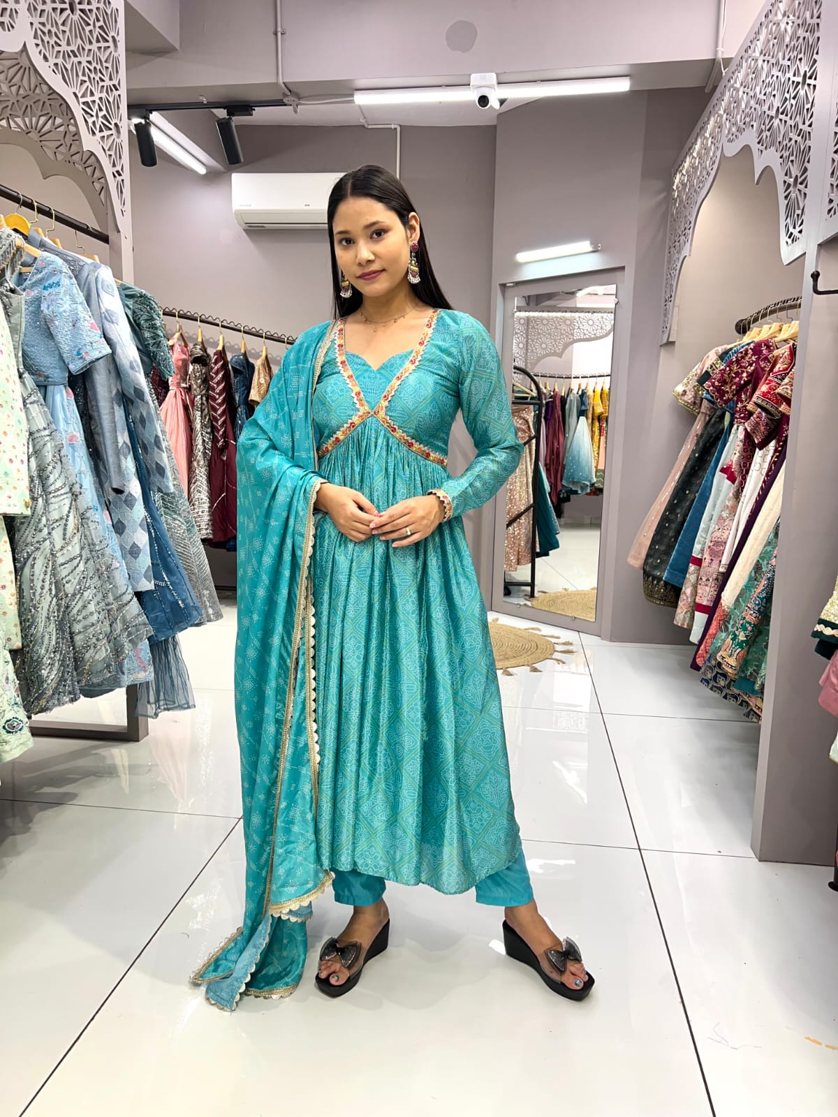 Admiring Embroidery Lace Work Sky Blue Color Anarkali suit