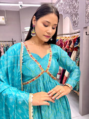 Admiring Embroidery Lace Work Sky Blue Color Anarkali suit