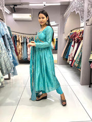 Admiring Embroidery Lace Work Sky Blue Color Anarkali suit