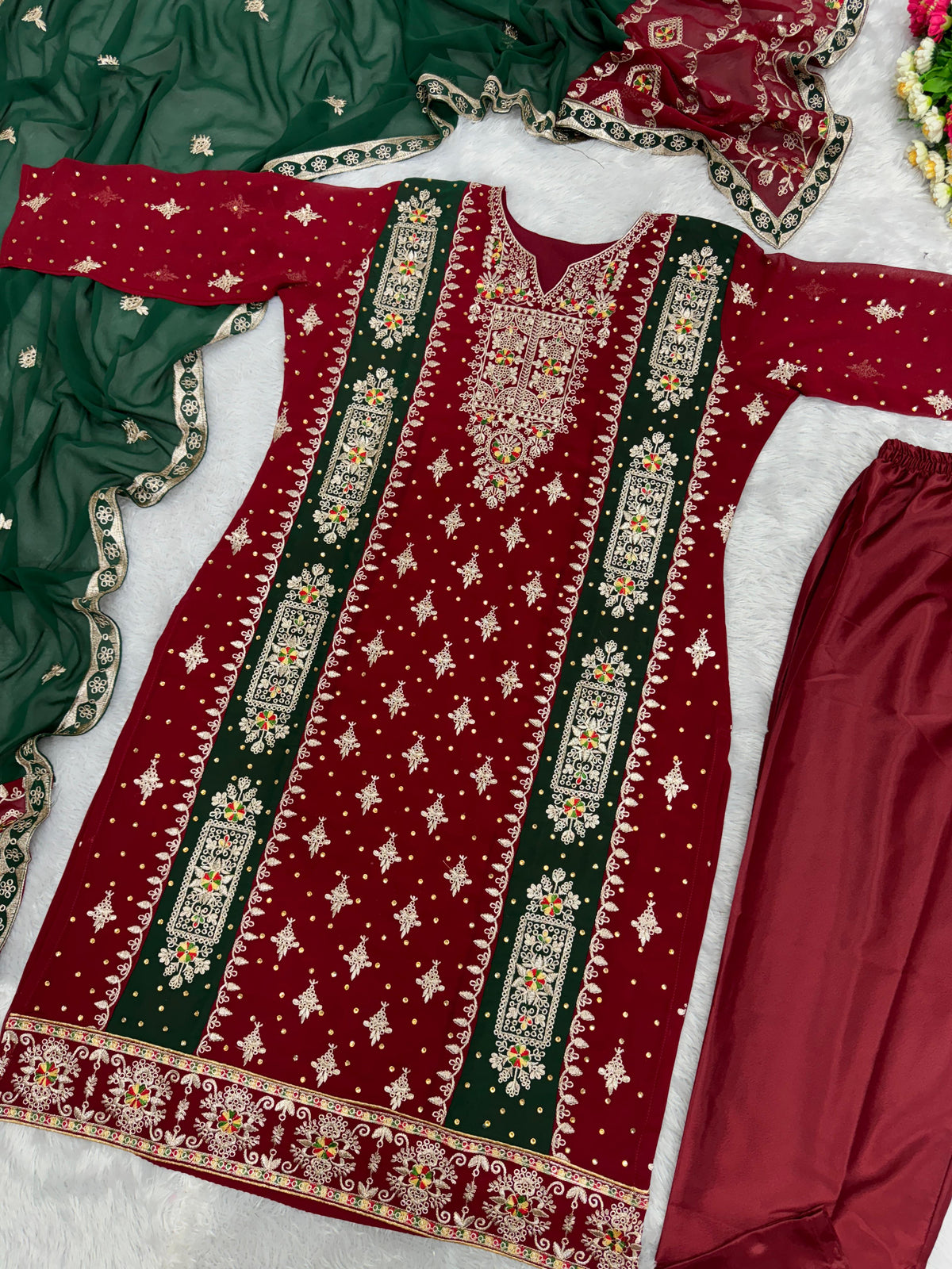 Daisy Embroidery Sequence Work Red Color Anarkali Suit