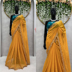 Fabulous Thread With Moti Work Yellow Color Saree