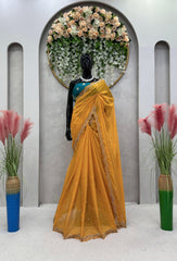 Fabulous Thread With Moti Work Yellow Color Saree