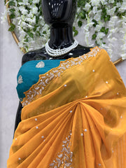 Fabulous Thread With Moti Work Yellow Color Saree