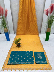 Fabulous Thread With Moti Work Yellow Color Saree