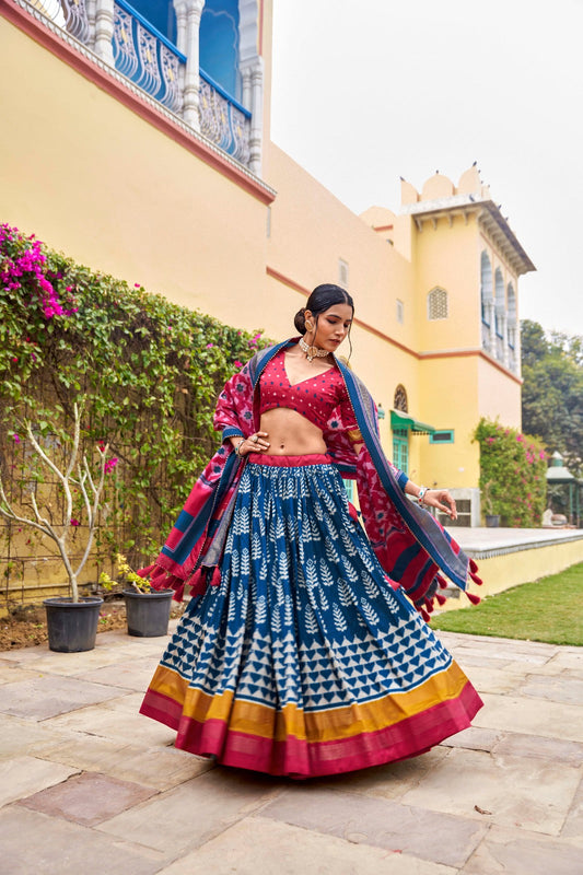 Elegant Blue Color Printed Traditional Lehenga Choli