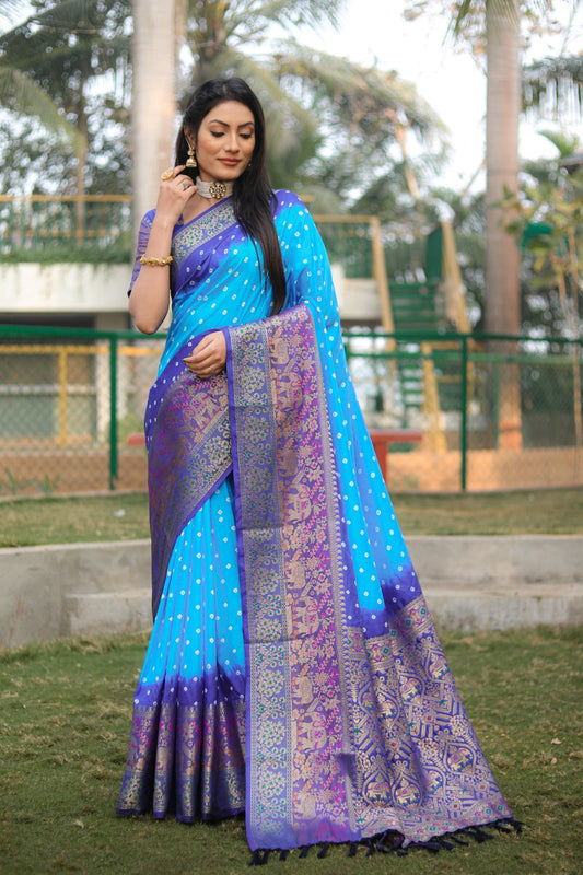 Flattering  Bandhej Kanjivaram Silk Sky Blue Color Saree